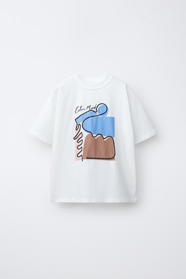 T-SHIRT IMPRIMÉ À CORDON BRODÉ - Blanc cassé de Zara