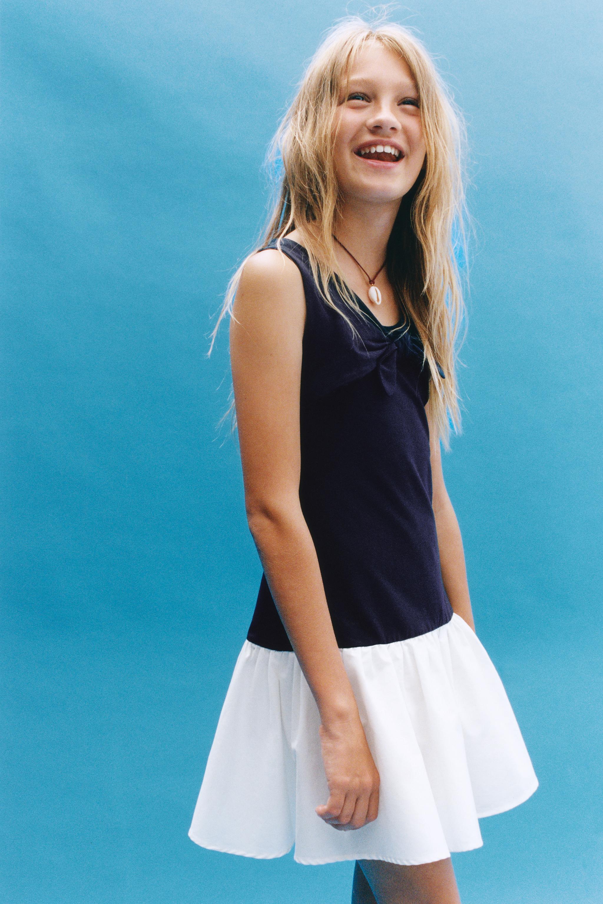 BOW COMBINATION DRESS — Blue / White