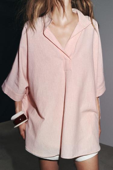 ZW COLLECTION STRIPED OVERSIZE CAPE SHIRT - Pink by Zara - Image 3
