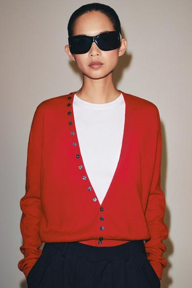 Zara EXTRA SOFT 100% WOOL V-NECK JACKET - Red