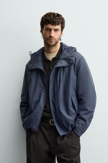 Zara 橡膠塗層效果連帽派克外套 - 明藍色