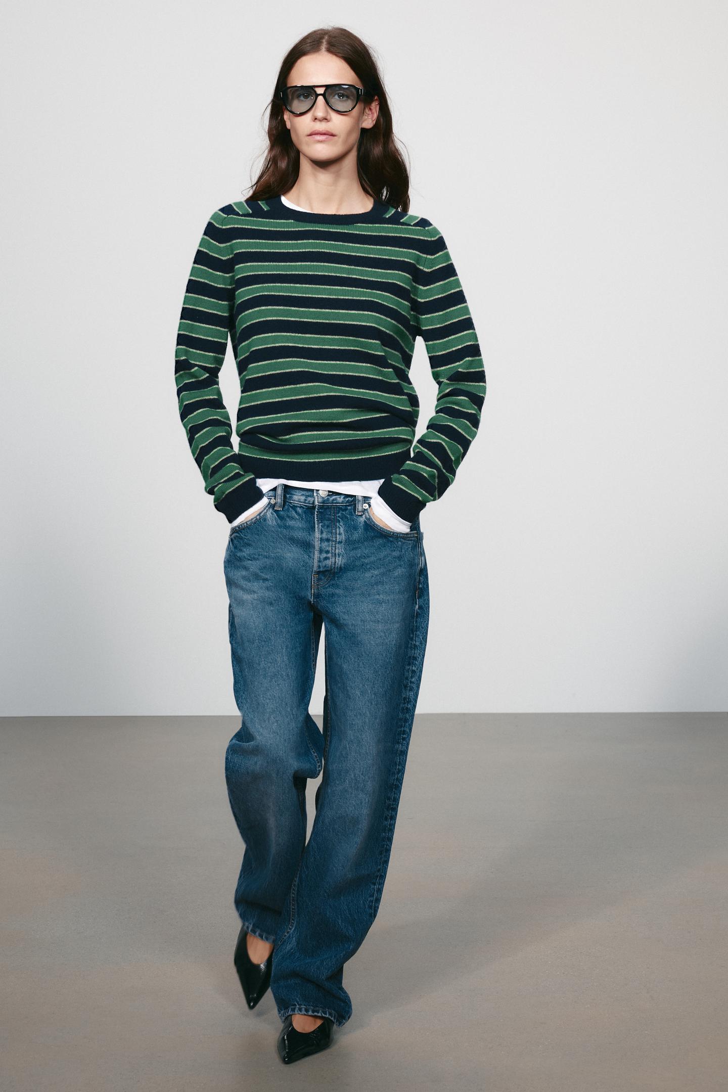 Женский свитер Zara Striped 100% Wool, цвет: Зелёный полосатый — фото 2