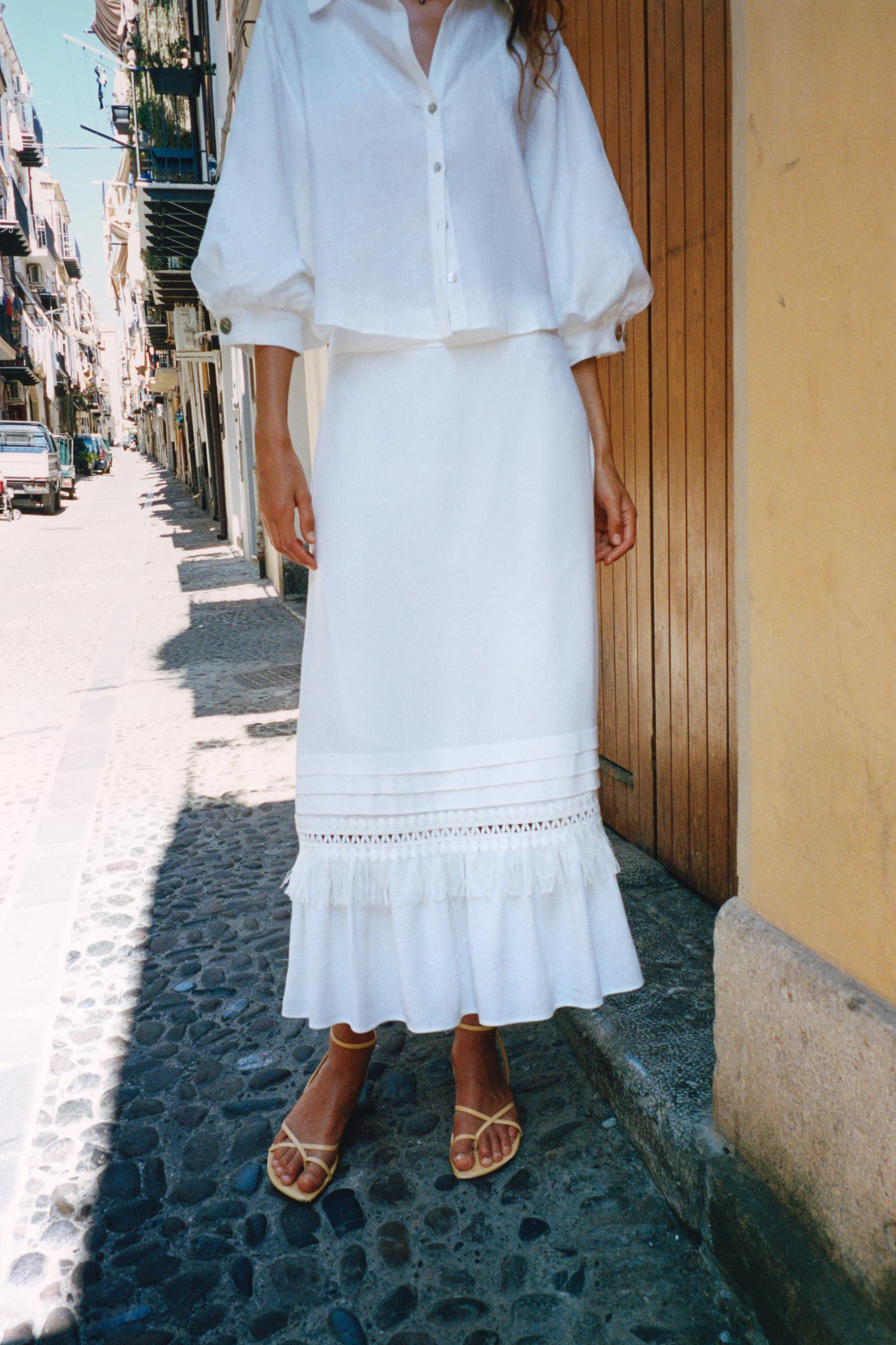 LINEN FRINGED MIDI SKIRT