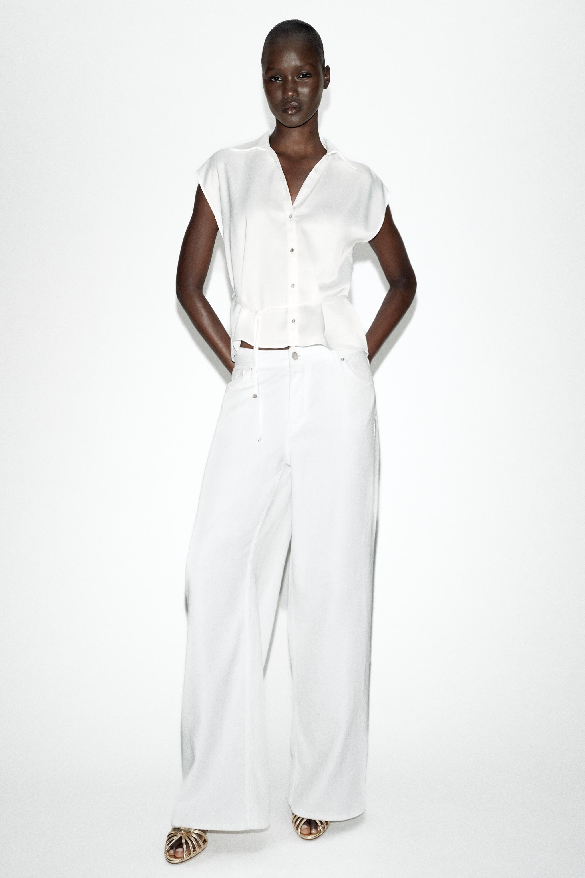 BELTED SATIN EFFECT SLEEVELESS SHIRT — White