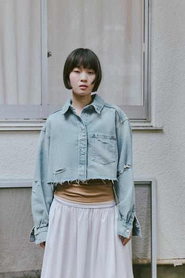 디스트로이드 TRF 크롭 데님 오버셔츠 - Zara 블루