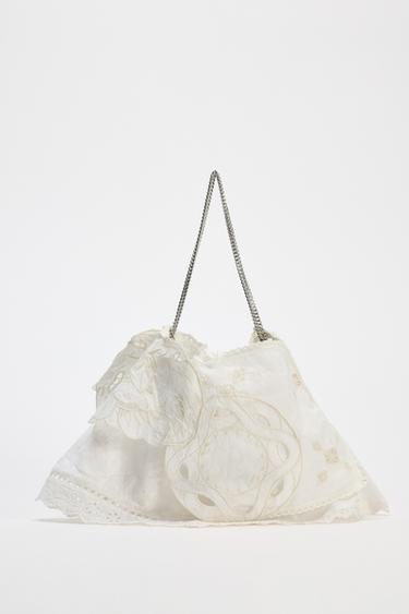 EMBROIDERED MINI BUCKET BAG WITH LACE DETAIL - white by Zara