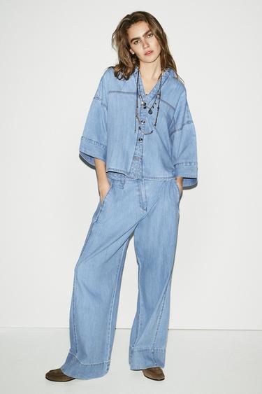 Zara Z1975 WIDE-SLEEVE DENIM SHIRT - Mid-blue