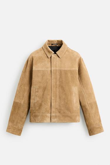 Zara SUEDE LEATHER JACKET - Dark beige