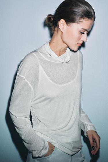 Zara LYOCELL AND LINEN T-SHIRT - White