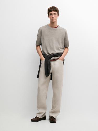 T-shirt en maille légère 100 % lin - Gris / Naturel de Zara