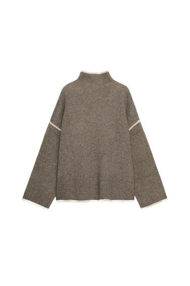 Zara CONTRAST PIPING KNIT SWEATER - Taupe gray