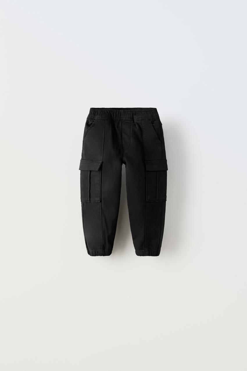 Zara - black , cotton , belted , cargo pants with pockets size