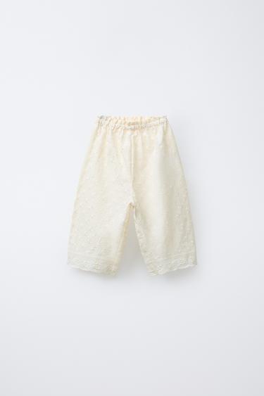 GERADE GESCHNITTENE HOSE MIT GESTICKTEN BLUMEN - Cremefarben von Zara