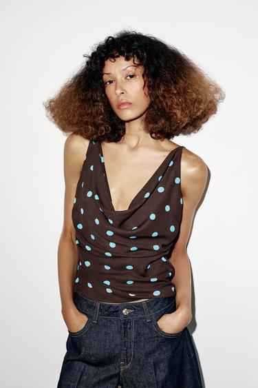 Zara FLOWY POLKA DOT TOP - Brown-Blue
