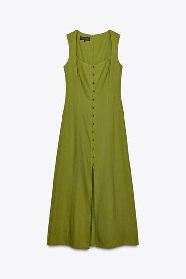 ROBE MIDI EN LIN - Vert huile de Zara