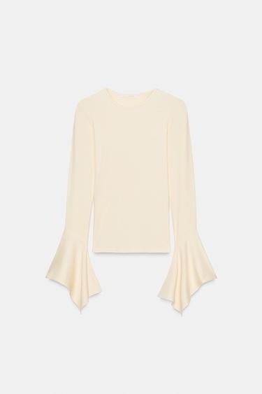 ФУТБОЛКА С ДЛИННЫМИ РУКАВАМИ И ВОЛАНОМ — ЖЕЛТОВАТО-БЕЛЫЙ от Zara