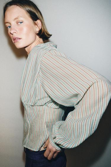STRIPED SHIRT WITH FITTED WAIST - white/turquoise by Zara - Image 4