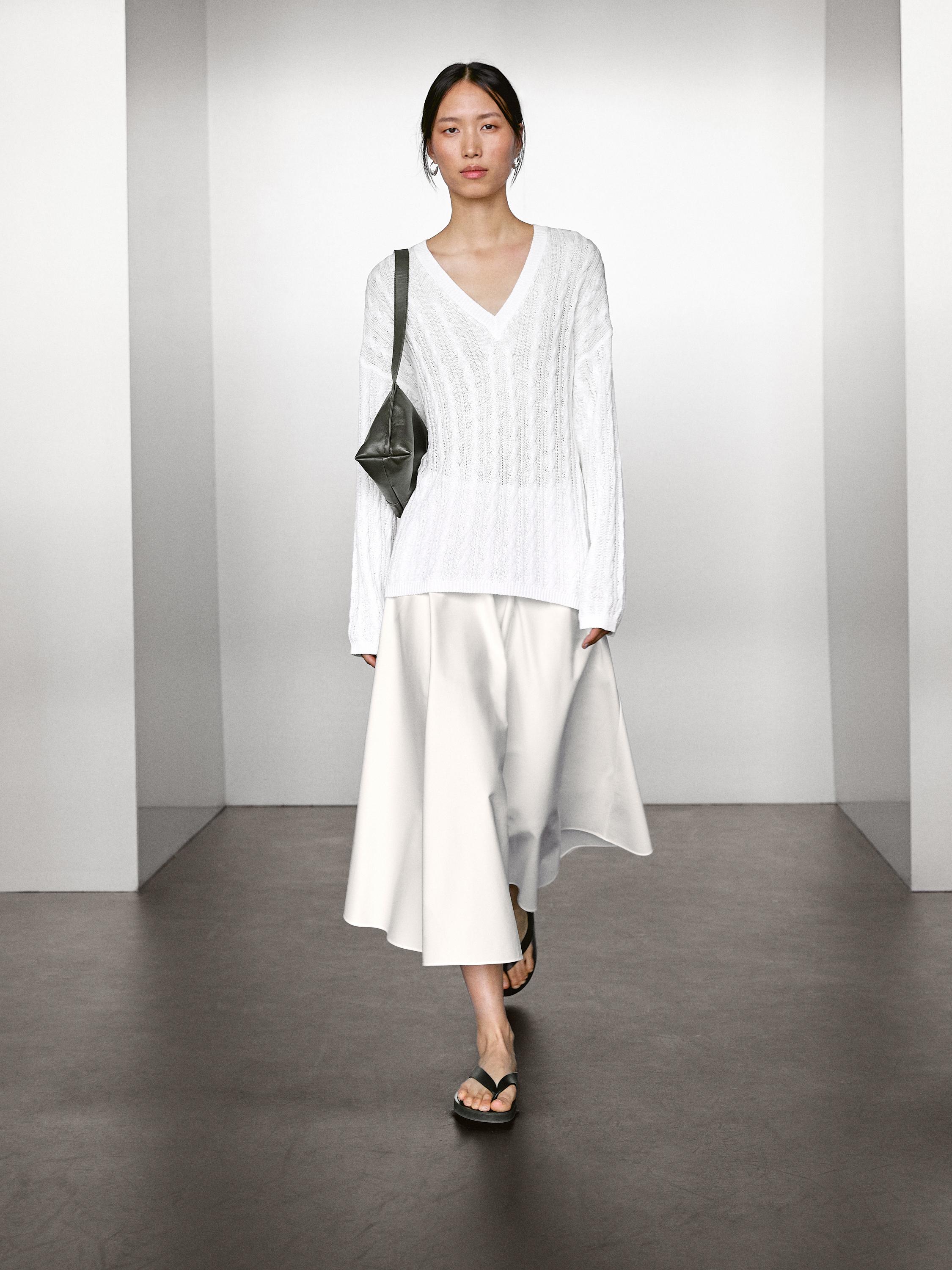 Pull coton en maille tressée ajourée