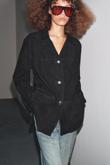 Zara LIMITED EDITION ZW COLLECTION 100% SUEDE OVERSIZE BLAZER - Black
