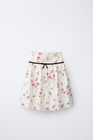 Zara FLORAL PRINT MIDI SKIRT - Pink / White