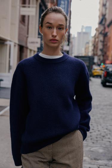 Zara PLAIN KNIT JUMPER - Navy blue