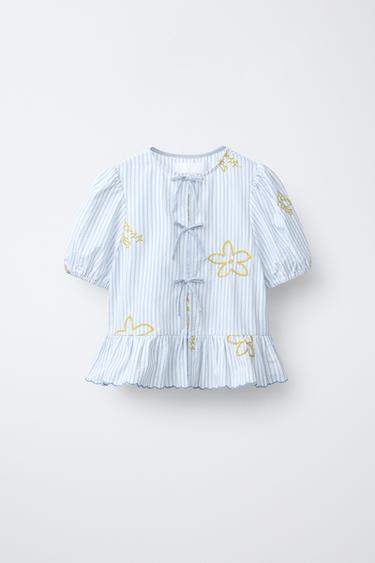 STRIPED BLOUSE WITH EMBROIDERED DETAIL - White / Navy by Zara
