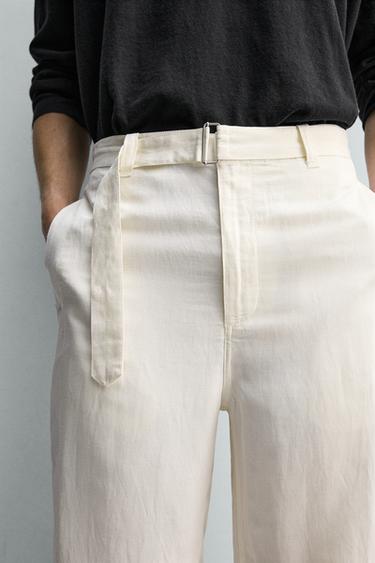 RELAXED FIT VISCOSE-LINEN TROUSERS WITH BELT - Ecru by Zara - Image 4