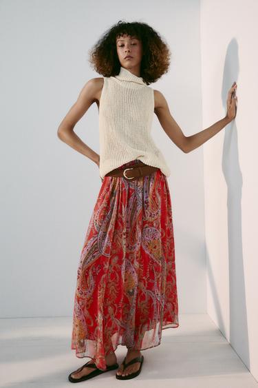 Zara PRINTED BELTED SKIRT - Multicolored