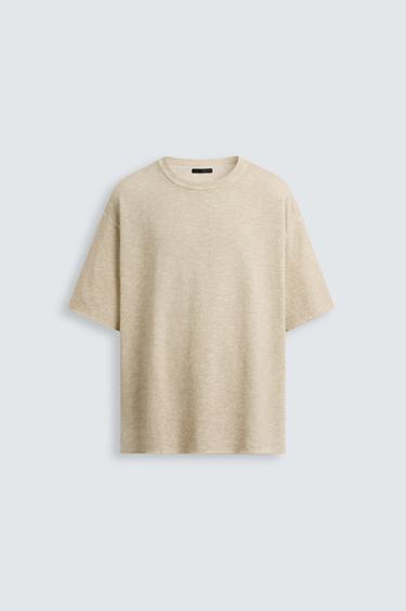 Zara TEXTURED PRINT KNIT T-SHIRT - Ecru