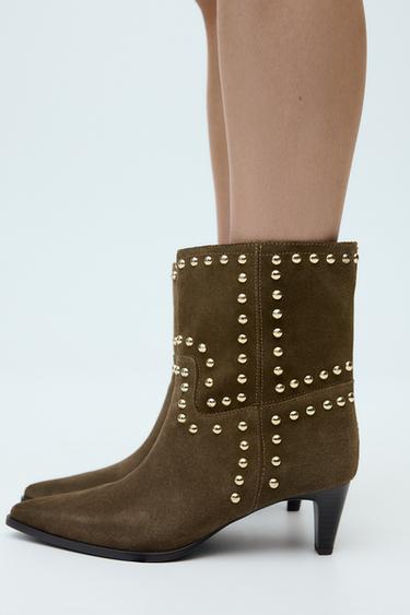 SPLIT SUEDE STUDDED ANKLE BOOTS - Brown by Zara - Image 1