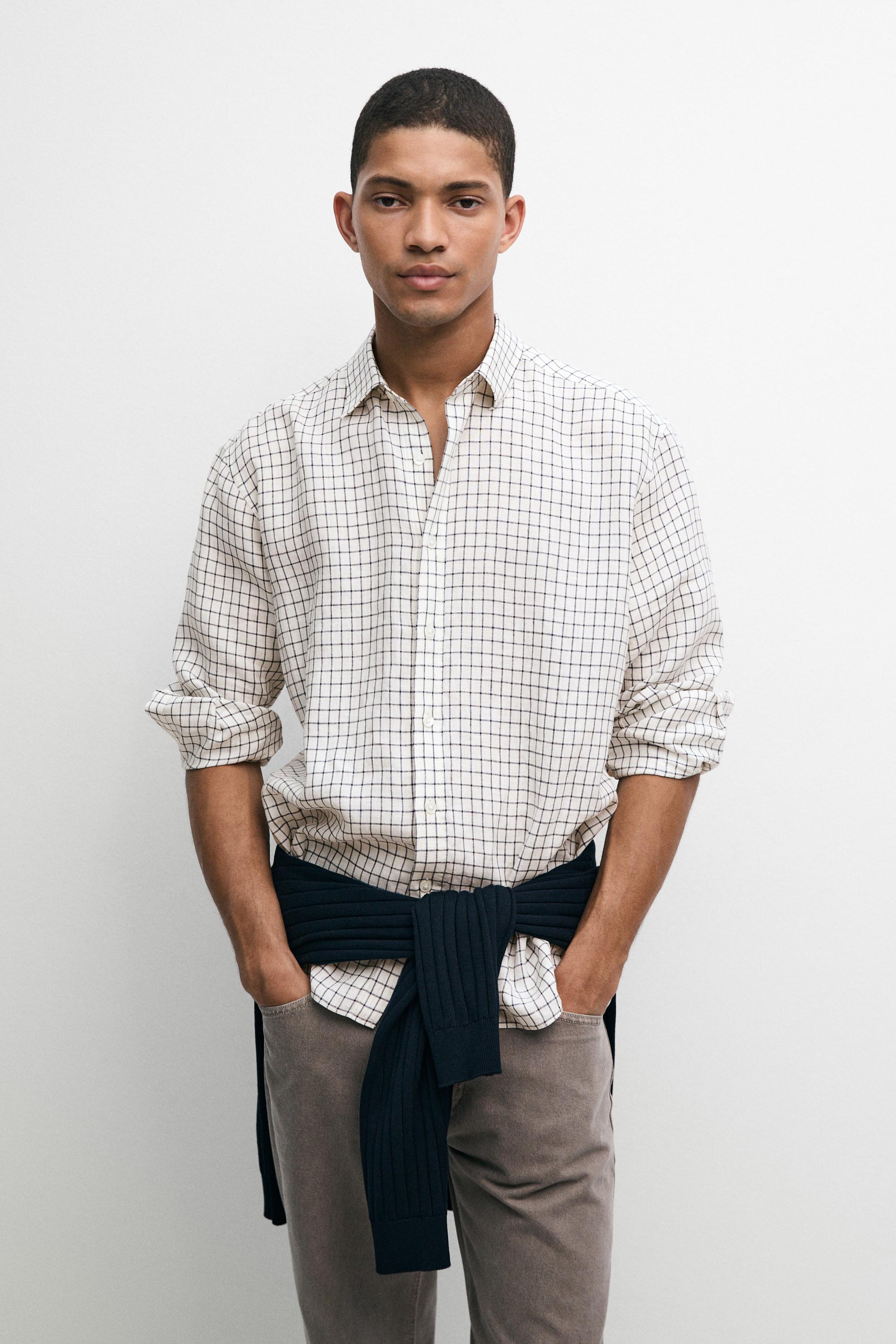 100% linen regular-fit check shirt — Blue