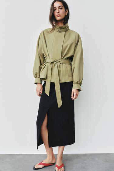 Zara HIGH COLLAR BELTED JACKET - Light khaki