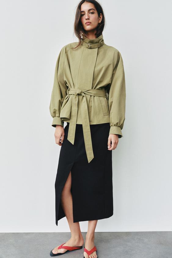 HIGH-NECK JACKET WITH BELT - Light khaki by Zara - Image 0