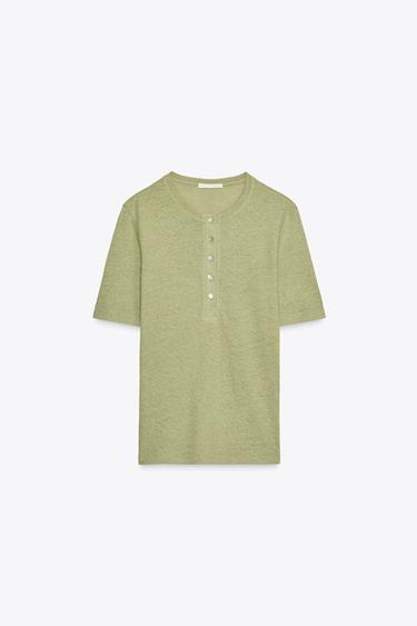 LINEN BLEND BUTTON T-SHIRT - Green by Zara - Image 4