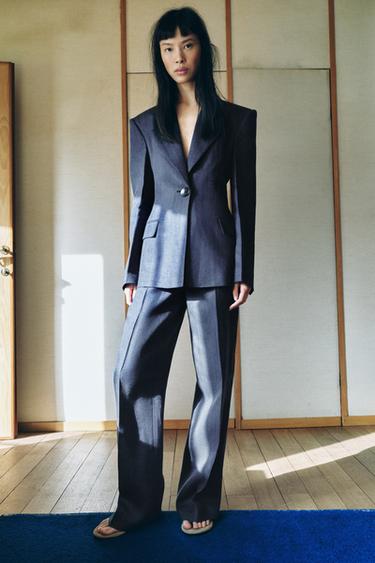 Zara PANTALONE SA TKANJEM RIBLJA KOST OD 100% LANA – indigo