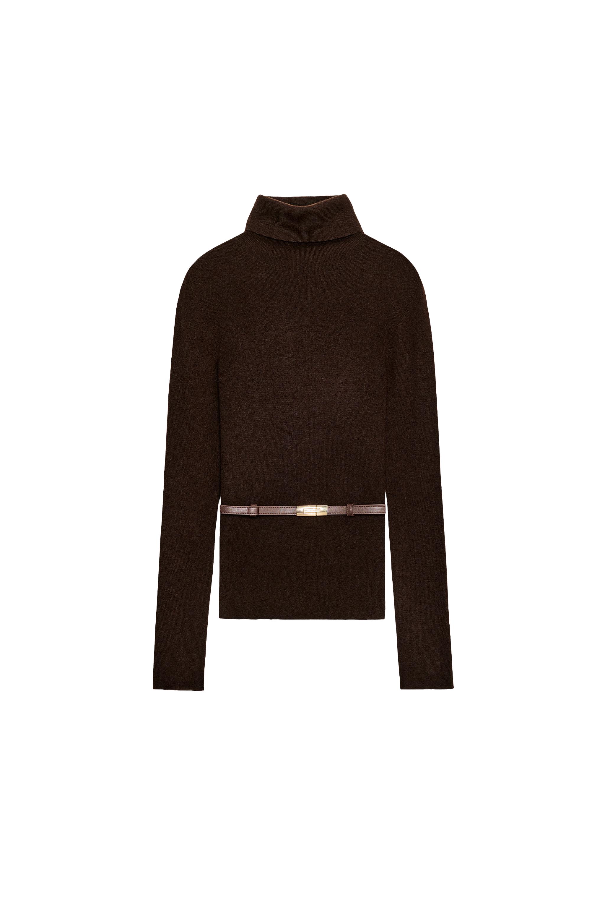 100% WOOL HIGH COLLAR BELTED JUMPER - Chocolate | ZARA Canada