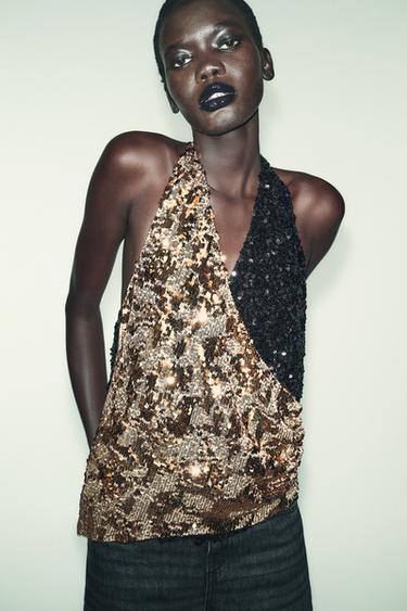 TOP HALTER مرصع بالترتر - ذهبي by Zara