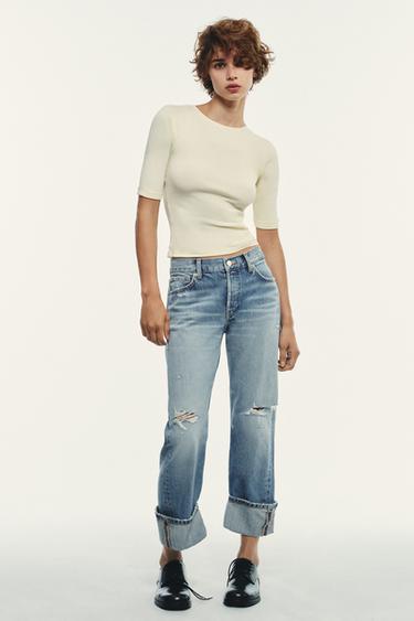 Zara TRF STRAIGHT LEG FOLD UP MID-RISE JEANS - Blue