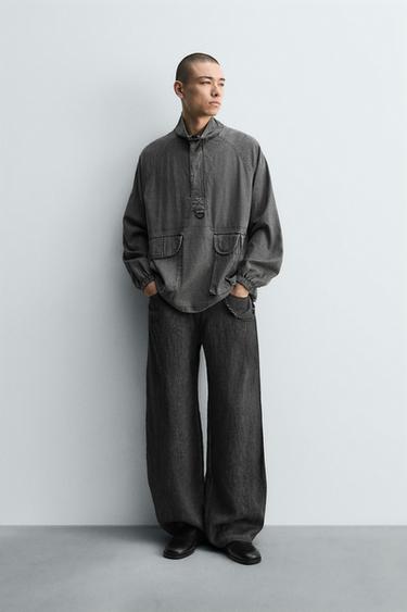VISCOSE-LINEN POLO OVERSHIRT - Grey by Zara - Image 0