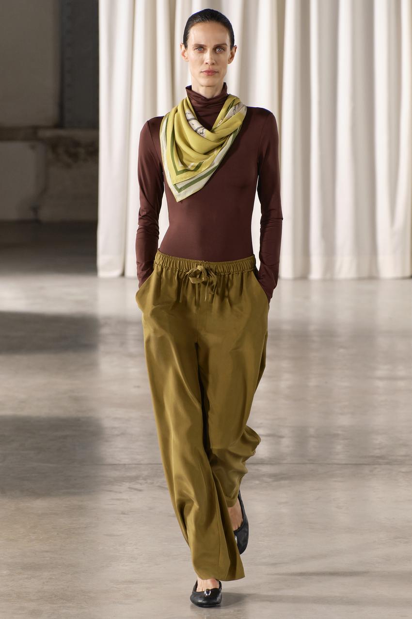 ZW COLLECTION 100% SILK PANTS - olive green