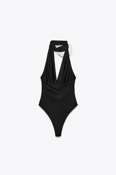 HALTER BODYSUIT WITH FLORAL APPLIQUÉ - Black by Zara - Image 7