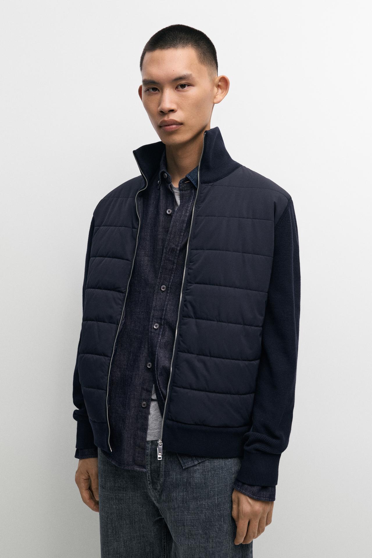 High neck mixed fabric cardigan — Navy blue