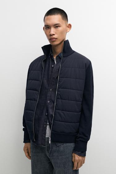 High neck mixed fabric cardigan — Navy blue 2