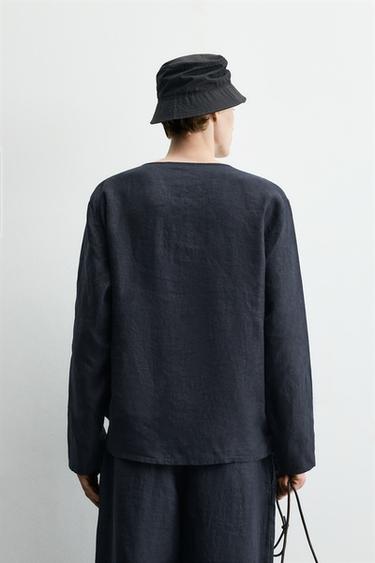 CHEMISE COL TUNISIEN 100% CHANVRE - Bleu marine foncé de Zara - Image 2