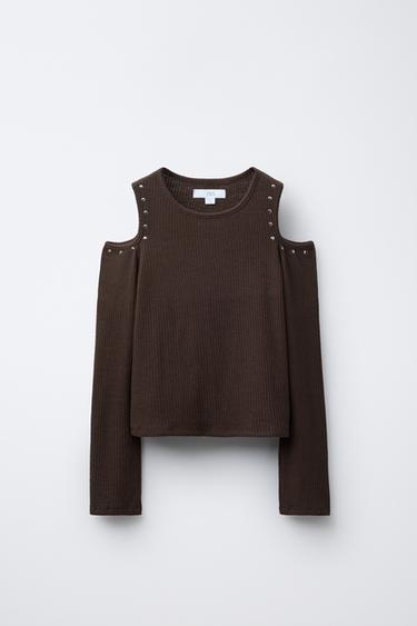 RIB T-SHIRT WITH CUT-OUT AND STUDS - Brown by Zara