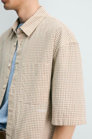 RELAXED FIT CHECK SHIRT WITH CONTRAST EMBROIDERY - CAMEL/WHITE  by Zara - Image 4