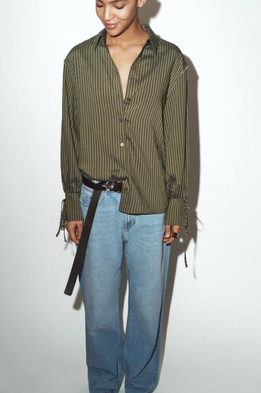 CHEMISE À RAYURES AVEC LACETS - Kaki foncé de Zara - Image 1