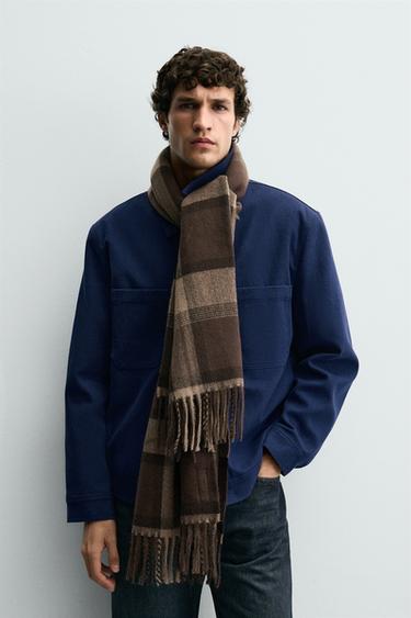 CHECK SCARF WITH FRINGING - Brown by Zara - Image 0