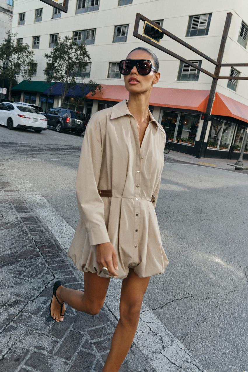 SHORT BALLOON DRESS - Beige | ZARA United States SHORT BALLOON DRESS - Beige | ZARA United States
