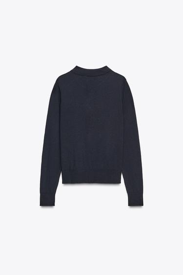 Zara PLAIN KNIT POLO SWEATER - Navy blue
